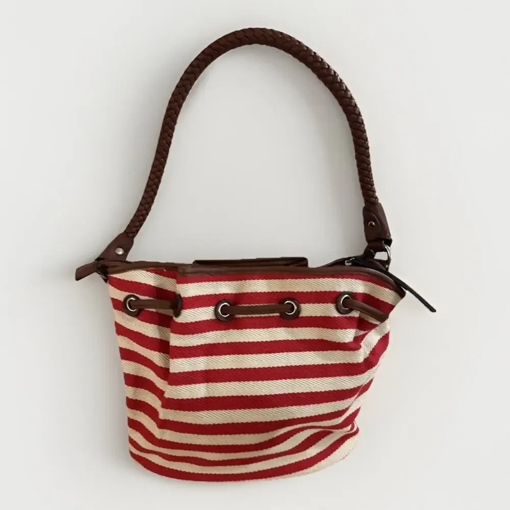 NWT KG&B Canvas Bucket Bag Red White Striped Drawstring Purse Braided Handle